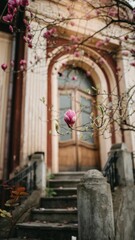Fototapeta na wymiar Vertical shot of a small pink magnolia flower in a selective focus on tree on background of doorway