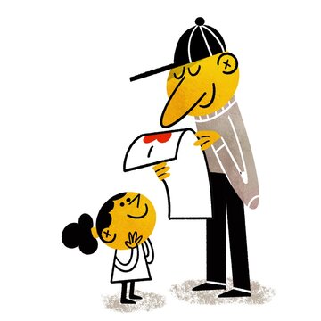 Father's Day Retro Flat Illustration: Daughter and Dad Express Love in Simple Vintage Style