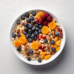 Naklejka na ściany i meble Fruit with blueberries tangerines cranberries oatmeal on a white bowl and minimalist background
