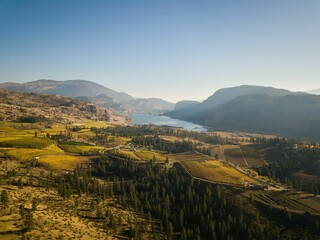 High-angle shot of the Vaseux Lake and vineyards in Okanagan Valley, British Columbia.