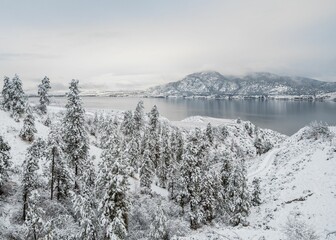 Image of an Okanagan lake in the mountains covered by white snow.