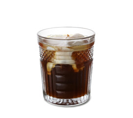 Glass of ice coffee on white background
