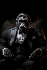 Monkey in a black suit holding a cigarette in his mouth