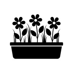Flowers and grass in a flowerpot. Isolated on white background. Vector icon.