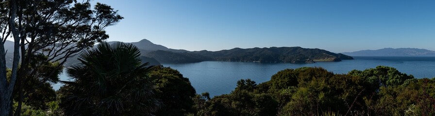 Tryphena Harbour and forest landscape in Aotea Great Barrier Island, Aotearoa in New Zealand