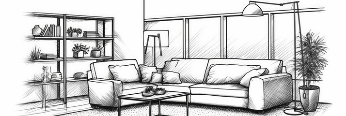 Interior design with modern living room in black line sketch on white background, Generative AI