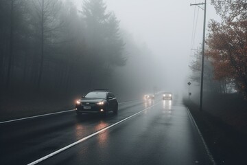 Fototapeta na wymiar Driving in poor visibility on misty, rainy highway with seasonal weather danger. Fog light on. High caution advised. Generative AI