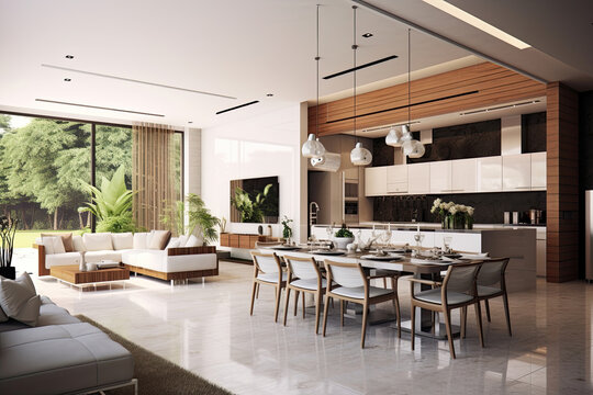 Modern house interior background with living room, dining room and kitchen combination, Generative AI