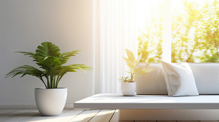 Wooden tabletop or countertop in modern and luxury white living room with white wall, desk, sofa and houseplant with sunlight at home, Generative AI