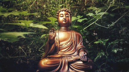 Brown buddha statue in meditation in the forest with green plants in the background