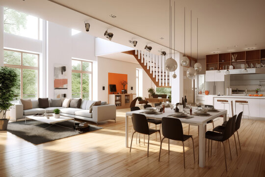 Modern house interior background with living room, dining room and kitchen combination, Generative AI