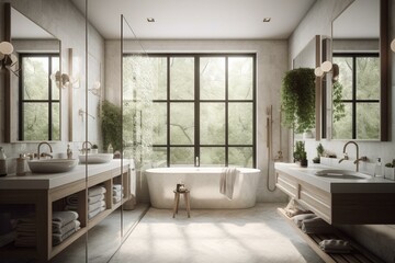 Fototapeta na wymiar Neutral bathroom with twin sinks, shower, and wide window. Generative AI
