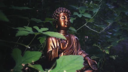 Fotobehang Boeddha Brown buddha statue in meditation in the forest with green plants around  © Willams Harking/Wirestock Creators
