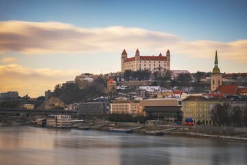 Fototapeta premium Beautiful view of the Bratislava Castle under the blue sky with white clouds