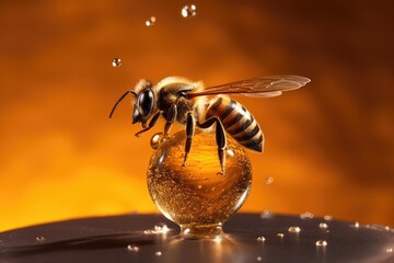 honey bee on the edge of a bubble on a table, macro, close up of bee on honeycomb. Generative AI - obrazy, fototapety, plakaty