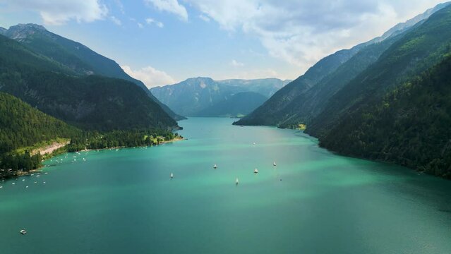 Aerial view of the beautiful turquoise Lake Achen near the Alps in Austria