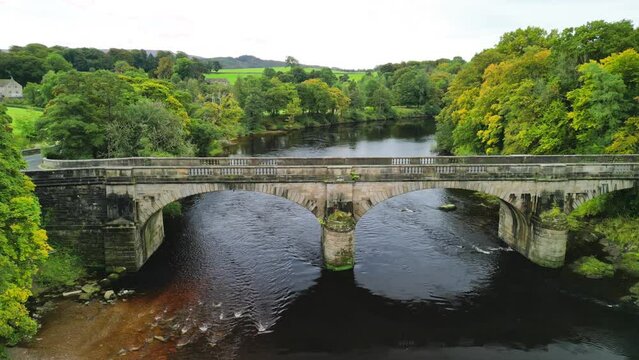 Aerial of the Lune Aqueduct bridge over the River Lune in Lancaster, England