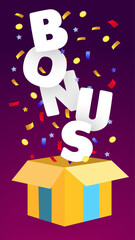 Surprise box with word bonus and colorful confetti symbolizing winning of prize. Illustration on purple gradient background