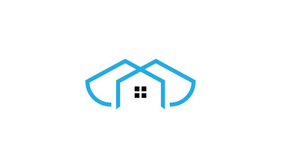 Illustration logo design of a blue outlined house symbol on a white background