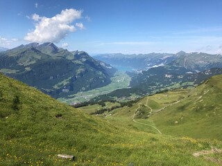 Obraz premium Highland with green field and mountains on a sunny day