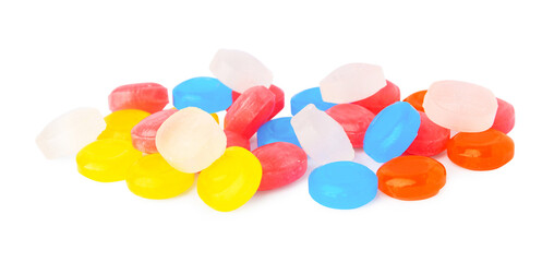 Many different colorful cough drops on white background