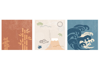 Japanese background with Fuji mountain elements vector. Asian banner with wave and bamboo icon in vintage style. 