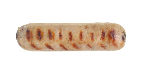 Fork with tasty grilled sausage isolated on white
