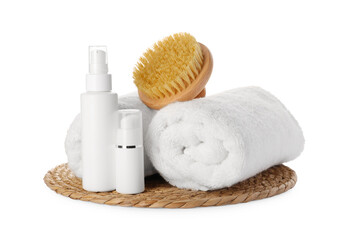 Composition with rolled towels and different spa products on white background