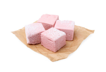 Delicious sweet marshmallows with powdered sugar isolated on white