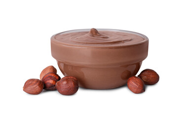 Bowl with tasty chocolate paste and nuts isolated on white