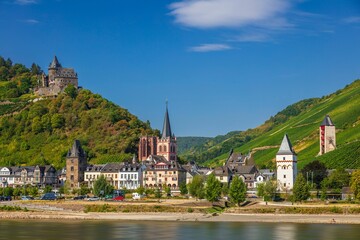 View of the historic Stahleck castle and surrounding mountains in the Rhine valley, Germany