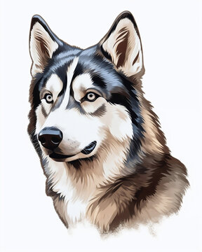 Watercolor-style portrait illustration of a husky on a white background. Capturing the beauty and personality of this breed in a unique and vibrant artistic representation. Perfect for dog lovers