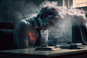 Office worker with smoking head sitting at desk. Work overload concept.