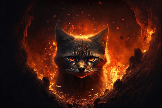 Cat head portrait on surrounding hell with fire background