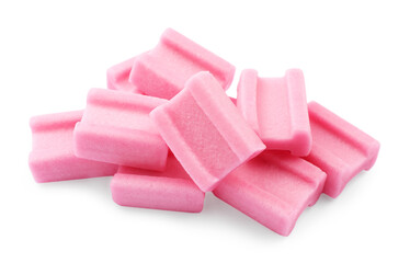 Pile of tasty pink chewing gums on white background