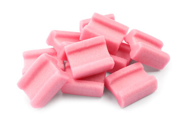 Pile of tasty pink chewing gums on white background
