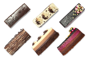 Collage with different delicious cakes on white background, top and side views