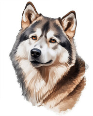 Watercolor-style portrait illustration of a husky on a white background. Capturing the beauty and personality of this breed in a unique and vibrant artistic representation. Perfect for dog lovers