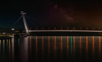Night view of the beautiful river Danube with bridge lights reflected on the waters, Bratislava