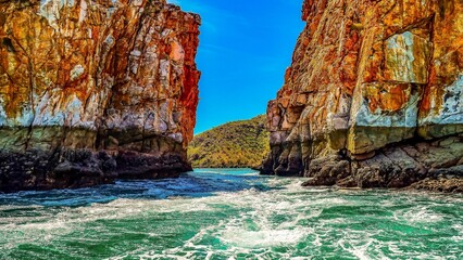 Scenic view of the Horizontal Falls in the islands of the Kimberley Region of Western Australia - obrazy, fototapety, plakaty