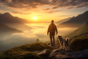 a man walking with a dog, sunset in the mountains, hiking, love nature, ai generated