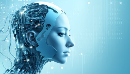 female robot in profile with blue background, free space