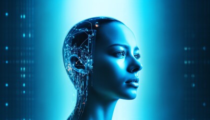 portrait in profile of a beautiful female robot with free space on blue background