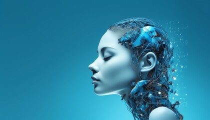 portrait in profile of a beautiful female robot with free space on blue background