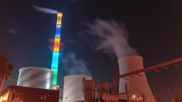 Time-lapse footage of the colorful chimney of the lignite-fired power station in Chemnitz, Germany