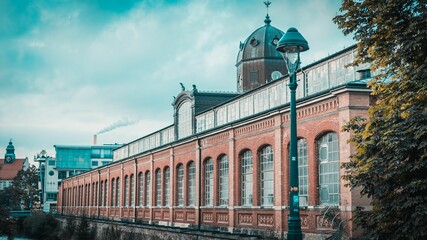 Market hall (Chemnitz), the clinker brick building with black sheet metal roof in Saxony, Germany