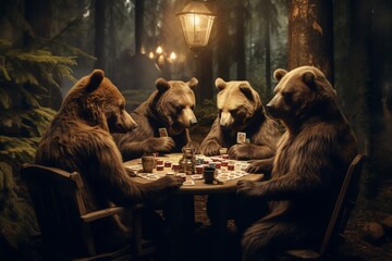 brown bears playing cards in forest casino