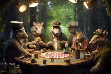 animals playing cards in forest casino