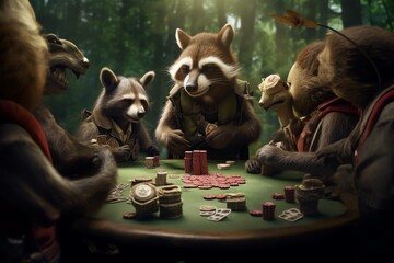 animals playing cards in forest casino