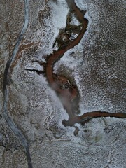 Aerial view of a river in the snowy valley. Reykjadalur, Iceland.